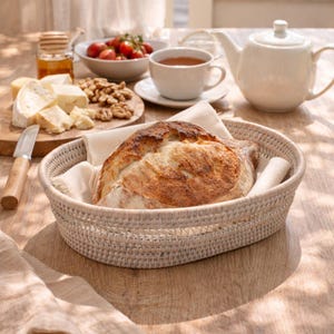 Cesta ovalada de ratán para pan, cesta de servir blanca tejida a mano para pasteles, croissants y panecillos.