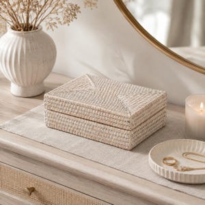 8x6x3" Handwoven Rattan Storage Box with Lid | Jewelry Organizer | Boho Bathroom Vanity