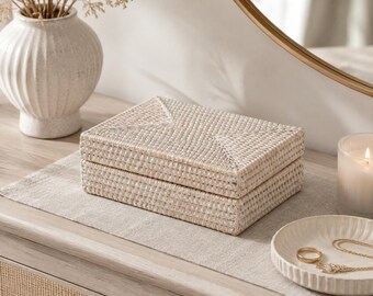 8x6x3" Handwoven Rattan Storage Box with Lid | Jewelry Organizer | Boho Bathroom Vanity