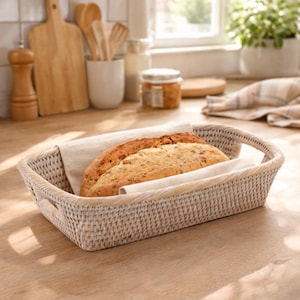 Handwoven Rattan Bread Basket – Rectangular Wicker Serving Tray with Handles, Natural Boho Kitchen Decor