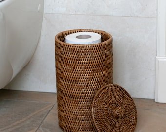 Handwoven Rattan Toilet Paper Basket | Freestanding Bathroom Storage | Boho Organizer Holds 3 Rolls