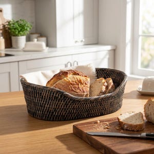 Zwarte rotan broodmand, ovale handgeweven rieten dienblad voor broodjes, gebak en ambachtelijke broden