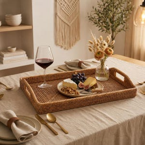 15x22" Rattan Breakfast Tray with Handles – Handwoven Wicker | Boho Home Ottoman Coffee Table Decor