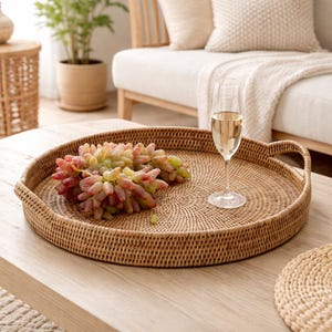 19" Round Rattan Serving Tray – Large Coffee Table Tray with Handles | Boho Home Decor
