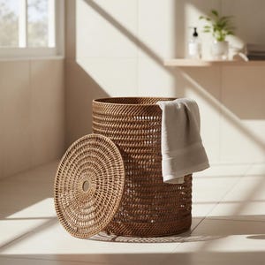 Handwoven Rattan Laundry Hamper with Lid | Breathable Open-Weave Design | Boho Bathroom Hamper