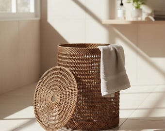 Handwoven Rattan Laundry Hamper with Lid | Breathable Open-Weave Design | Boho Bathroom Hamper