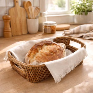 Handwoven Rattan Bread Basket – Rectangular Wicker Serving Tray with Handles, Natural Boho Kitchen Decor