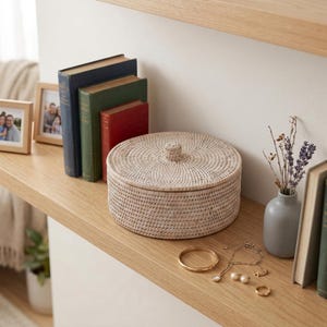 May include: A round, woven basket with a lid sits on a wooden shelf, next to a small gray vase with dried flowers, books, and jewelry. The basket is light beige and has a textured surface. A gold bracelet and necklace are also visible.
