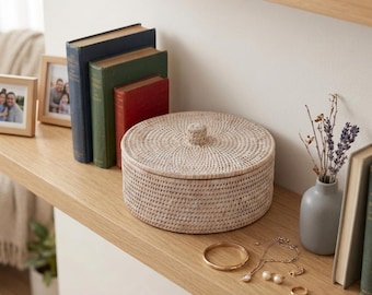 10" Round Handwoven Rattan Storage Box with Lid Boho Jewelry Organizer Basket