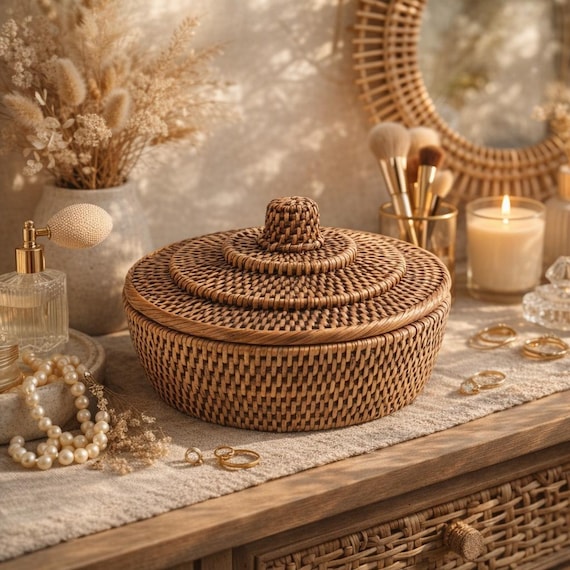 Handgewebte Rattan Aufbewahrungsbox mit Deckel - Boho Schmuck Organizer