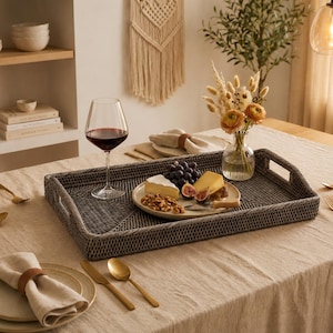22x15" Black Washed Rattan Serving Tray – Rectangular Coffee Table & Ottoman Tray