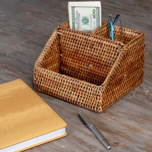 Handwoven Rattan Desk Organizer | Boho Office Caddy