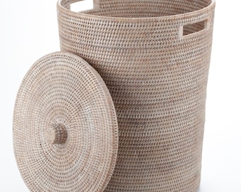 Handwoven Rattan Laundry Hamper with Lid | Large 50L Boho Basket | Bedroom Bathroom Storage