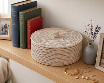 11.2" Round Handwoven Rattan Storage Box with Lid Boho Jewelry Organizer Basket
