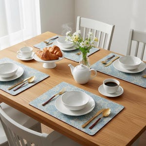 Blue Botanical Placemats Set of 4, Cork Backed MDF Table Mats, 40x30 cm