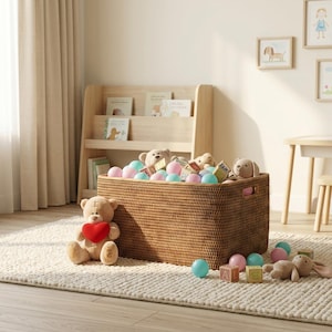 Large Rattan Storage Basket 20x16x10", Handwoven Wicker Toy or Laundry Bin