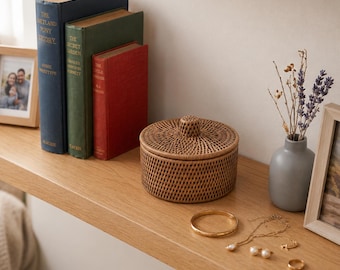 Handwoven Rattan Jewelry Box with Lid 6" Round Boho Trinket Basket Wicker Keepsake Storage