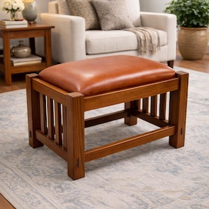 Mission Solid Oak and Leather Foot Stool / Ottoman with spindles