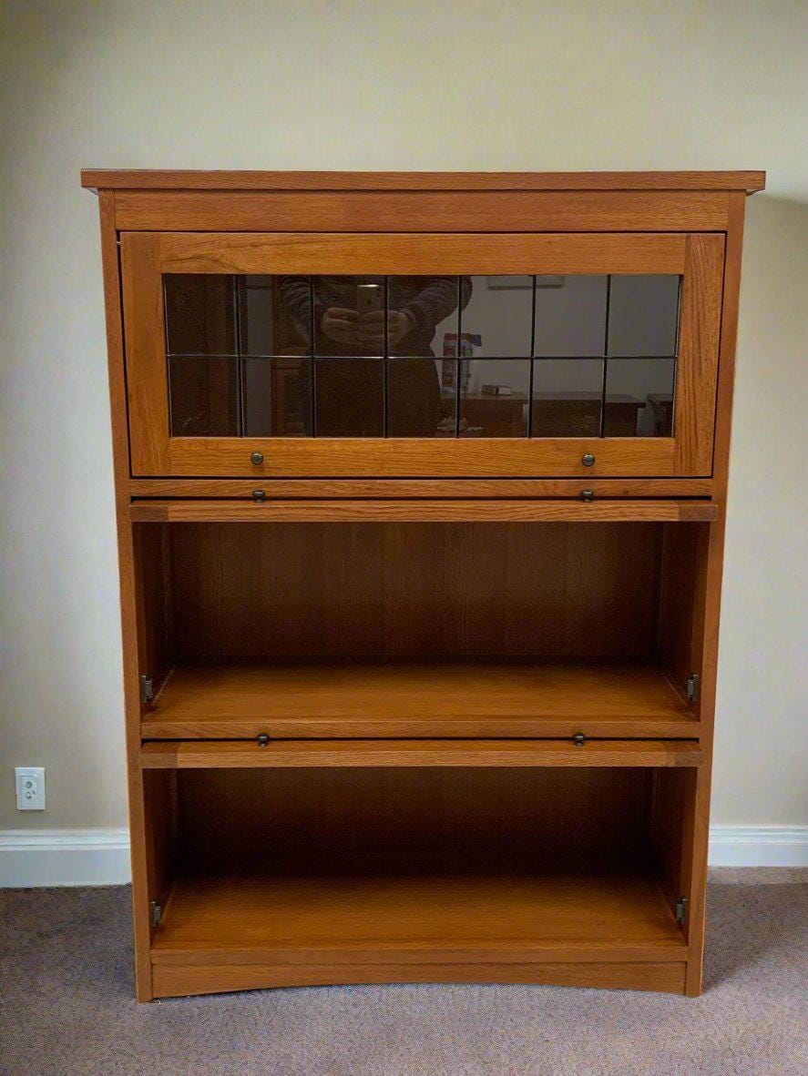 Mission Quarter Sawn Oak 3-Door Barrister Bookcase with Lead Glass