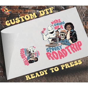 We’re Going On A Spooky Raod Trip DTF Transfer, Retro Horror Cartoon Skeleton & Ghost Car Heat Transfer, Horror Movie Characters Iron On