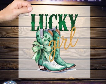 Saint Patrick day Ready To Press, Lucky Girl Boots DTF, St Patrick's Day Cowboy Boots DTF Transfers, Green Shamrock DTF