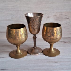 Chalice, Goblet, trio of brass and silverplate chalices, Wicca, Shrine, vintage drinkware, party glasses, vintage chalice, vintage goblet.