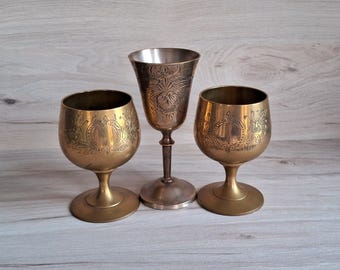 Vintage Brass & Silverplate Chalice Trio: Etched Drinkware