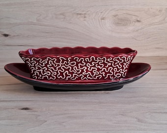 Vintage Sylvac Red Lace Planter with Dish: Ceramic Squiggle Pottery