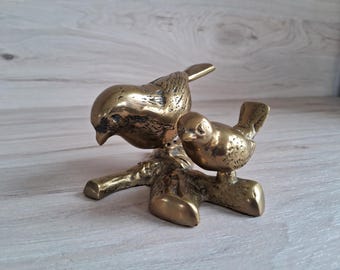 Vintage Brass Bird Figurine: Mother and Chick on Log