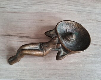 Vintage Brass Sunbathing Lady Ashtray - Sombrero Figurine