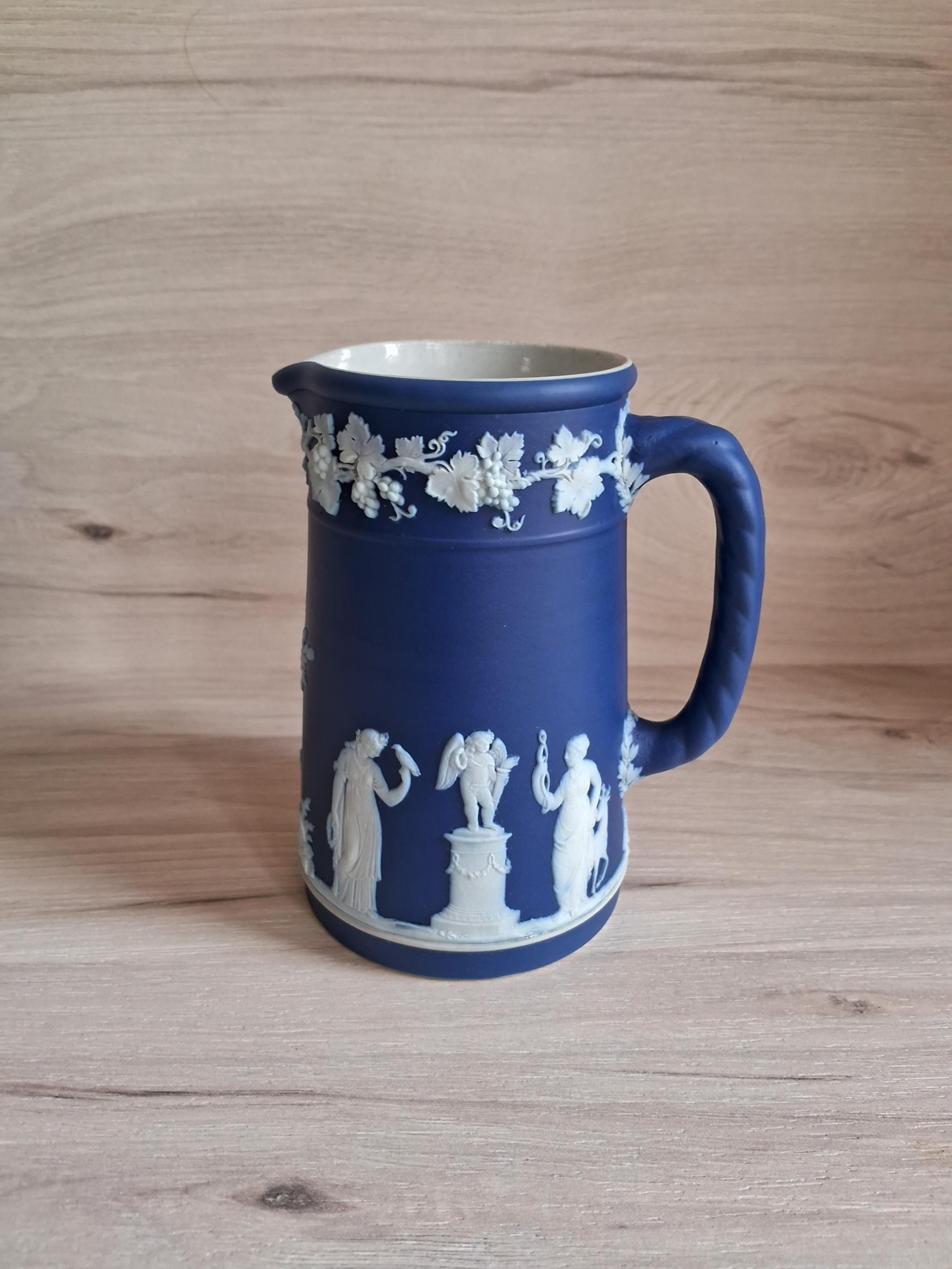 Antique Wedgwood Jasperware Cobalt Blue Pitcher: Grecian Decor, Roped Handle