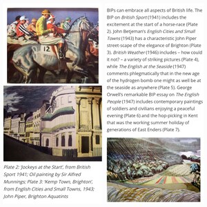 May include: A collection of four images depicting scenes from British life. The first image shows a horse race with jockeys in colorful uniforms. The second image shows a street scene with buildings in a row. The third image shows a landscape with a beach and a field of flowers. The fourth image shows a close-up of a field of flowers.