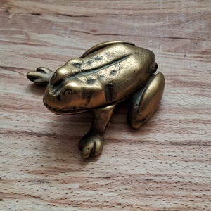 May include: A brass frog figurine with a detailed textured surface. The frog is sitting on a wooden surface.