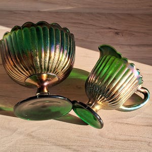Carnival glass, vintage luminescent Amethyst Carnival glass bowl and jug, sugar bowl, candy bowl and creamer, milk jug, pitcher.