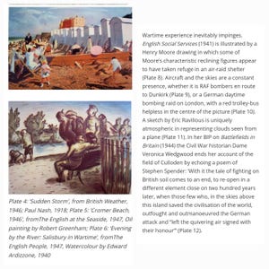 May include: A collection of four paintings depicting scenes from British life during World War II. The paintings include a stormy seascape, a beach scene, a river scene, and a scene of people taking shelter from an air raid. The paintings are all in a realistic style and capture the mood of the time.