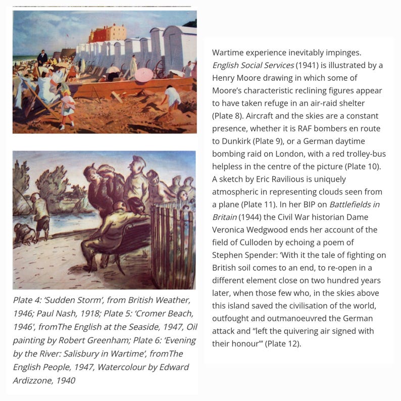 May include: A collection of four paintings depicting scenes from British life during World War II. The paintings include a stormy seascape, a beach scene, a river scene, and a scene of people taking shelter from an air raid. The paintings are all in a realistic style and capture the mood of the time.