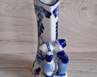 Vintage Delft Ceramic Bud Vase: Kissing Dutch Couple Spill Holder