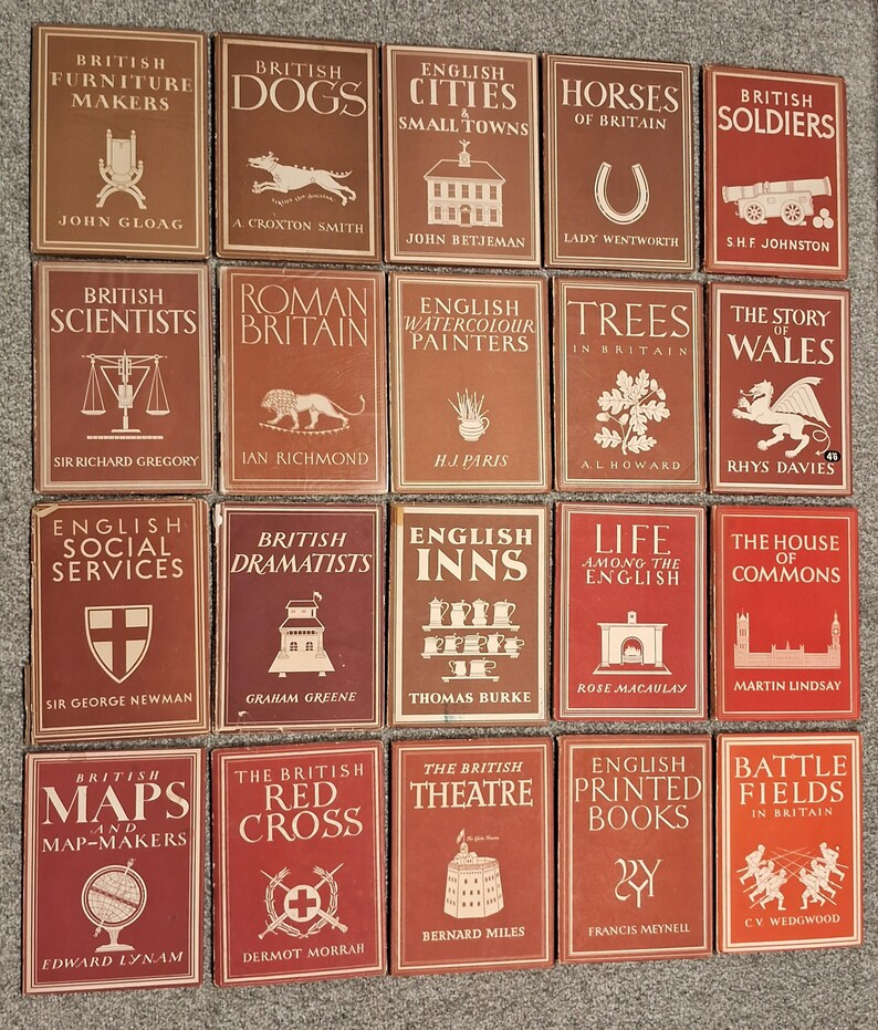 May include: A collection of 16 red and white books with titles about British history, culture, and people. The books are arranged in a grid of four rows and four columns. Each book has a unique illustration on the cover.