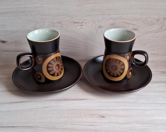 Denby Arabesque mugs and saucers,  vintage Denby Arabesque, 1960s Arabesque, hand painted pottery mugs, Gill Pemberton design, mid century.