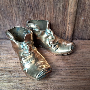 Vintage Brass Boot Vesta Pair: Match Holder Ashtray Display