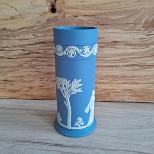 Antique Wedgwood Jasperware Cobalt Cylindrical Vase: Grecian Decor.