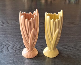 Vintage Sylvac Hyacinth Vase Pair: Yellow & Brown Leaf Design