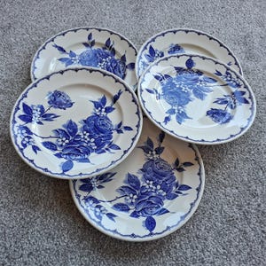 Puede incluir: Colección de seis platos de cerámica blanca con un diseño floral de rosas azules. Los platos tienen bordes festoneados y están dispuestos sobre una superficie gris. El patrón floral incluye rosas, hojas y capullos.
