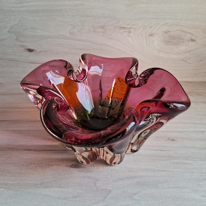 Vintage Murano Glass Ashtray: Cranberry & Gold Mid-Century Bowl