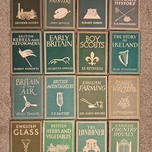 May include: A collection of 12 vintage hardcover books with green and brown covers. The books are arranged in four rows of three books each. The titles of the books include "British Railways", "British Portrait Painters", "English Essayists", "British Anglers' Natural History", "British Rebels and Reformers", "Early Britain", "Boy Scouts", "The Story of Ireland", "Britain in the Air", "British Mountaineers", "English Farming", "English Letter Writers", "English Glass", "British Herbs and Vegetables", "The Londoner", and "English Country Houses".