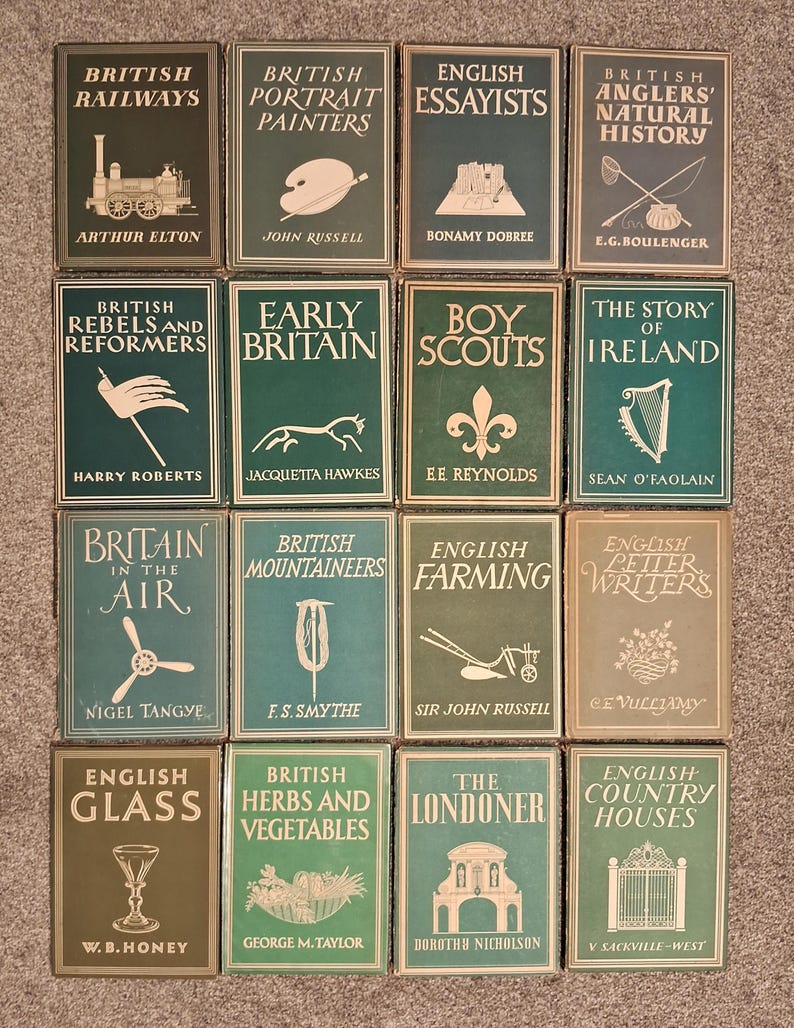 May include: A collection of 12 vintage hardcover books with green and brown covers. The books are arranged in four rows of three books each. The titles of the books include "British Railways", "British Portrait Painters", "English Essayists", "British Anglers' Natural History", "British Rebels and Reformers", "Early Britain", "Boy Scouts", "The Story of Ireland", "Britain in the Air", "British Mountaineers", "English Farming", "English Letter Writers", "English Glass", "British Herbs and Vegetables", "The Londoner", and "English Country Houses".