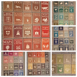 May include: A collection of 60 small, red, brown, and blue books with gold lettering. Each book features a different illustration and title related to British history, culture, and life. The books are arranged in a grid pattern.