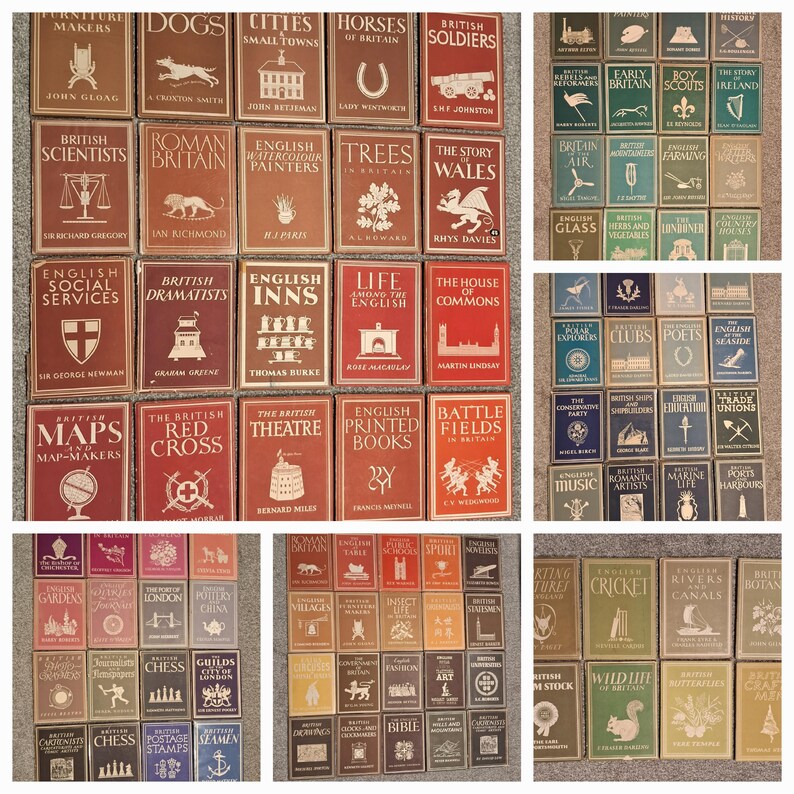 May include: A collection of 60 small, red, brown, and blue books with gold lettering. Each book features a different illustration and title related to British history, culture, and life. The books are arranged in a grid pattern.