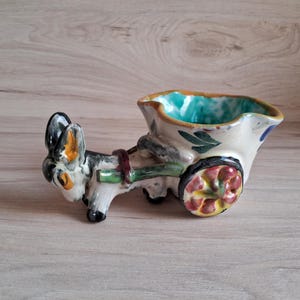 Ceramic donkey cart, vintage Italian donkey and cart, kitsch donkey cart, candy cart, trinket, coin holder.