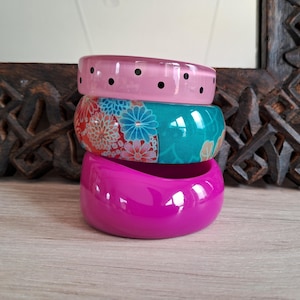 Vintage Chunky Lucite Bangles: Pink Floral Polka Dot Cuff Bracelets
